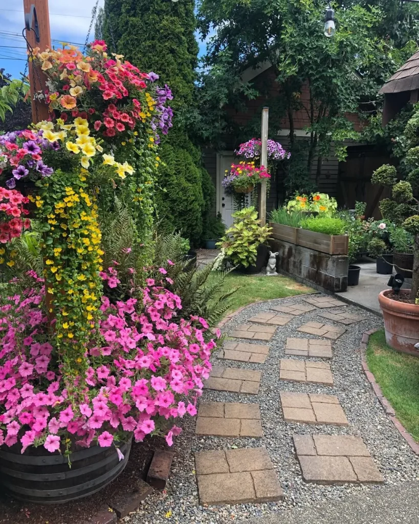 colorful flowers hanging baskets garden