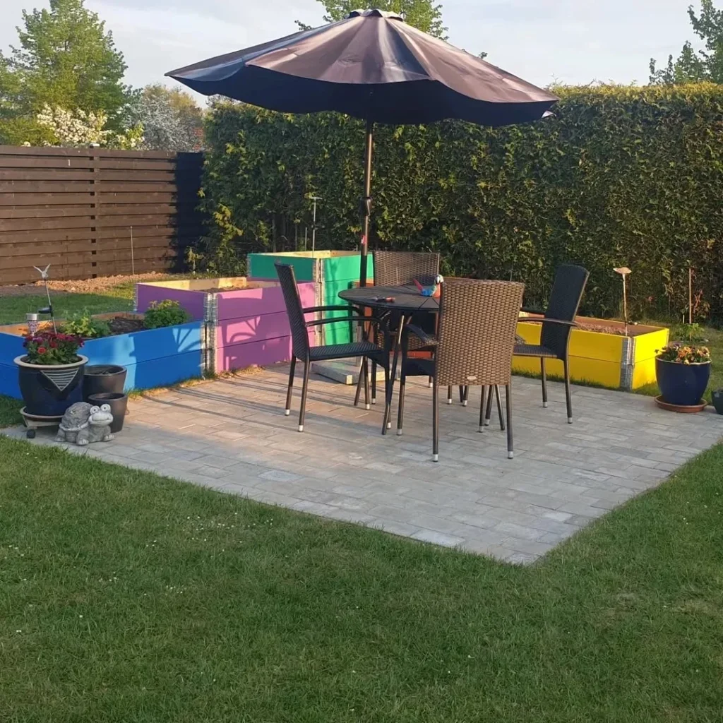 umbrella colorful raised beds garden
