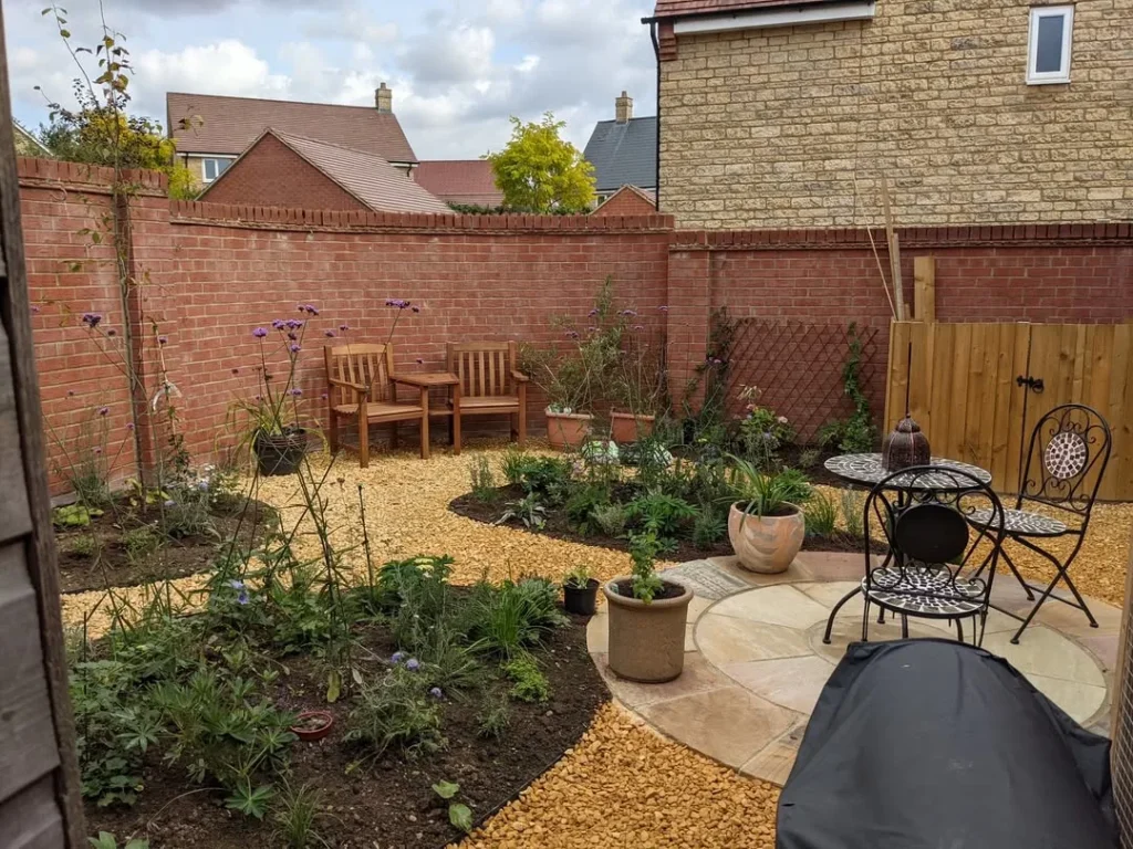 wraparound patio raised flower beds garden