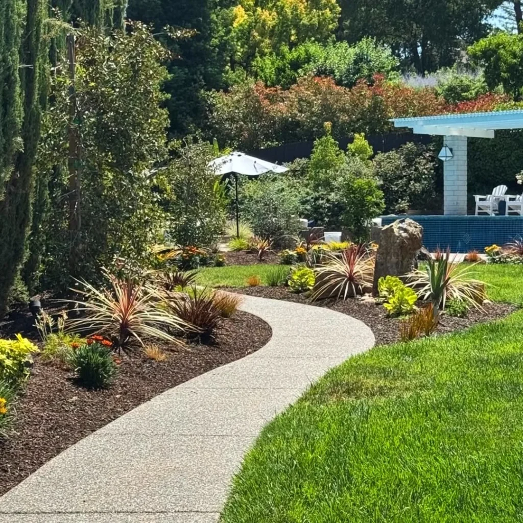 a grand entrance with stone paths