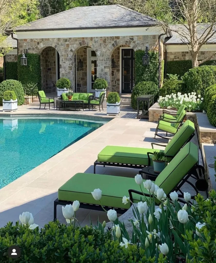 green and white garden, and beautiful pool