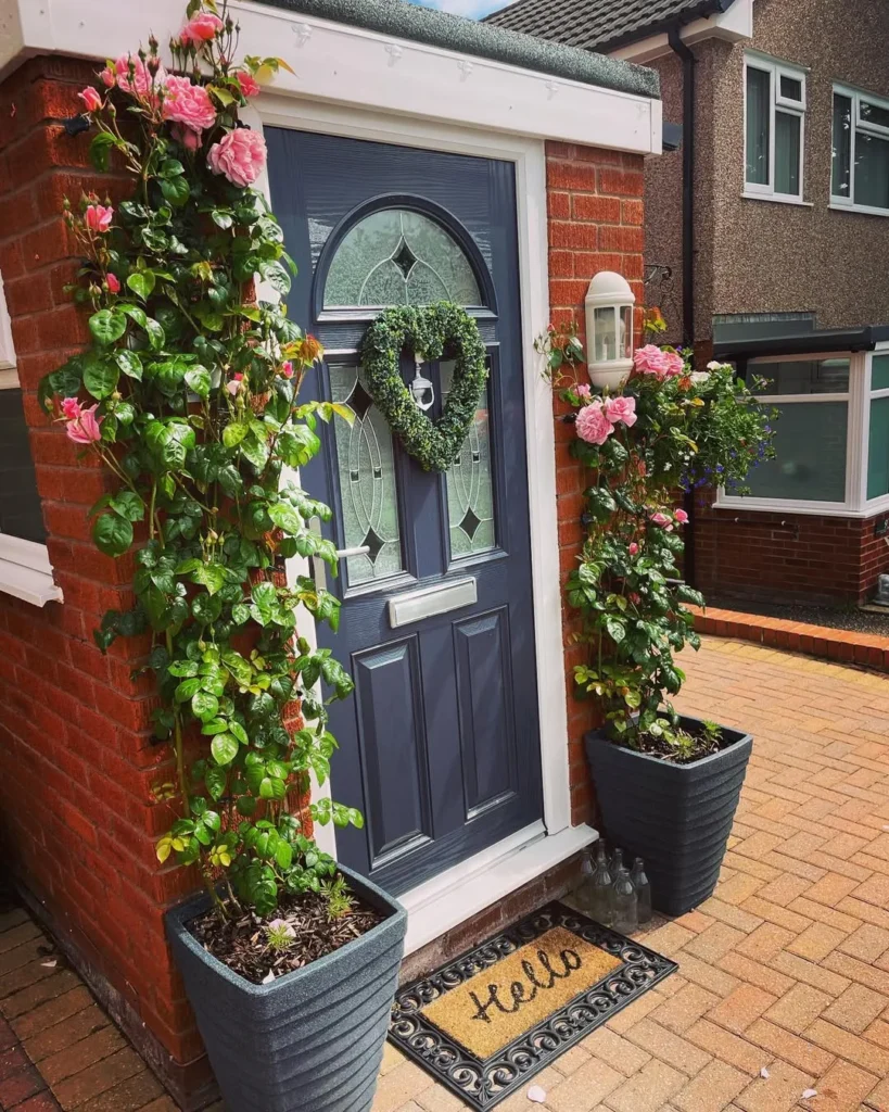 welcoming front entrance rose garden