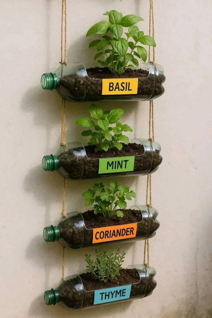 recycled plastic bottles mini herb garden